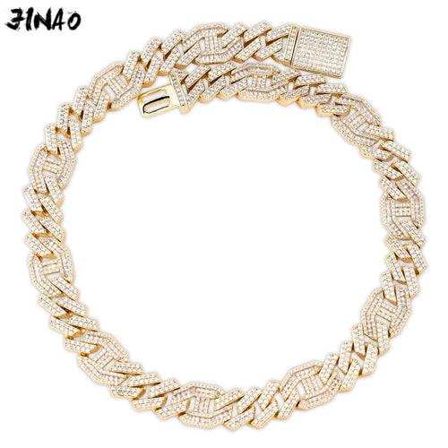 JINAO Men 14mm Iced Out Chain Zircon Miami Cuban Link Baguette Zircon Necklace Bling Hip Hop Jewelry Gold Silver Rosegold 16-30