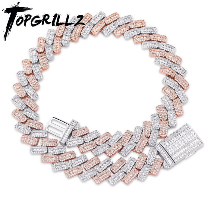 TOPGRILLZ 20mm Miami Baguette Zircon Prong Set Box Clasp Cuban Chains Necklace For Men Hip Hop Iced Out Bling Rapper Jewelry