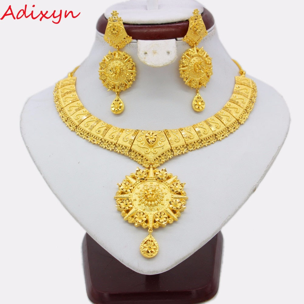 Adixyn Trendy 45cm Chokers Necklace/Earring Sets For Women Gold Color Engagement Arab/Ethiopian/Middle East Party Gifts N012013