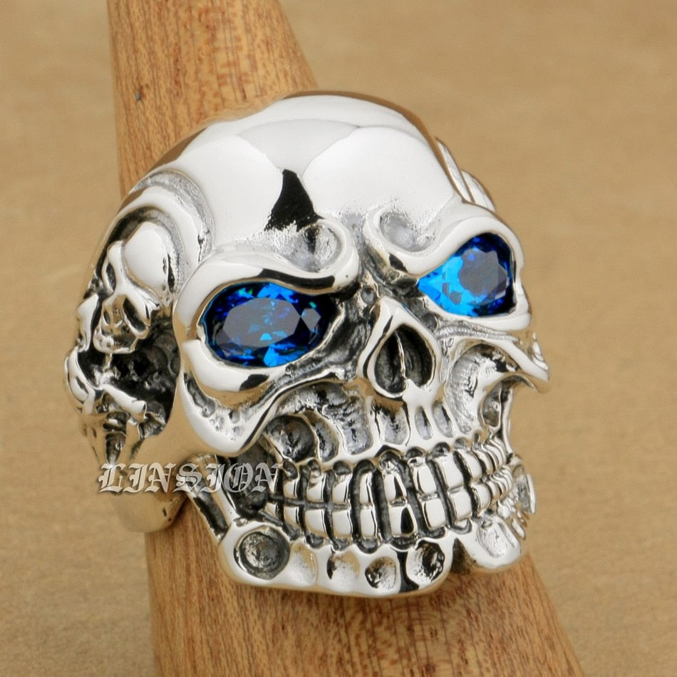 US Size 8~15 Blue CZ Stone Eyes Solid 925 Sterling Silver Titan Skull Mens Biker Rock Punk Ring 8V305